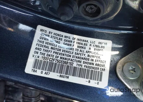2016 Honda Civic Ex from USA, damaged, VIN 19XFC2F75GE068152